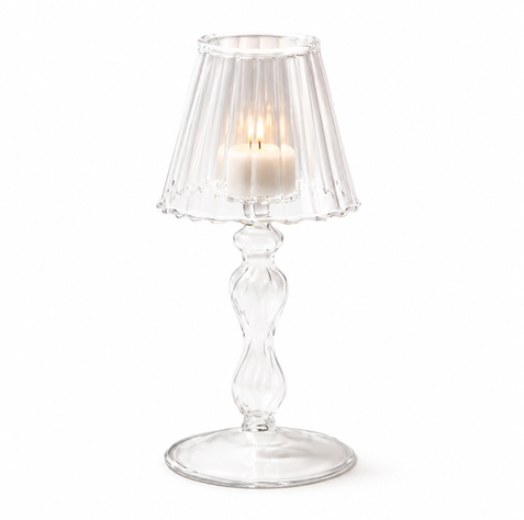 Small glass LED tealight table lamp available to hire for weddings and events