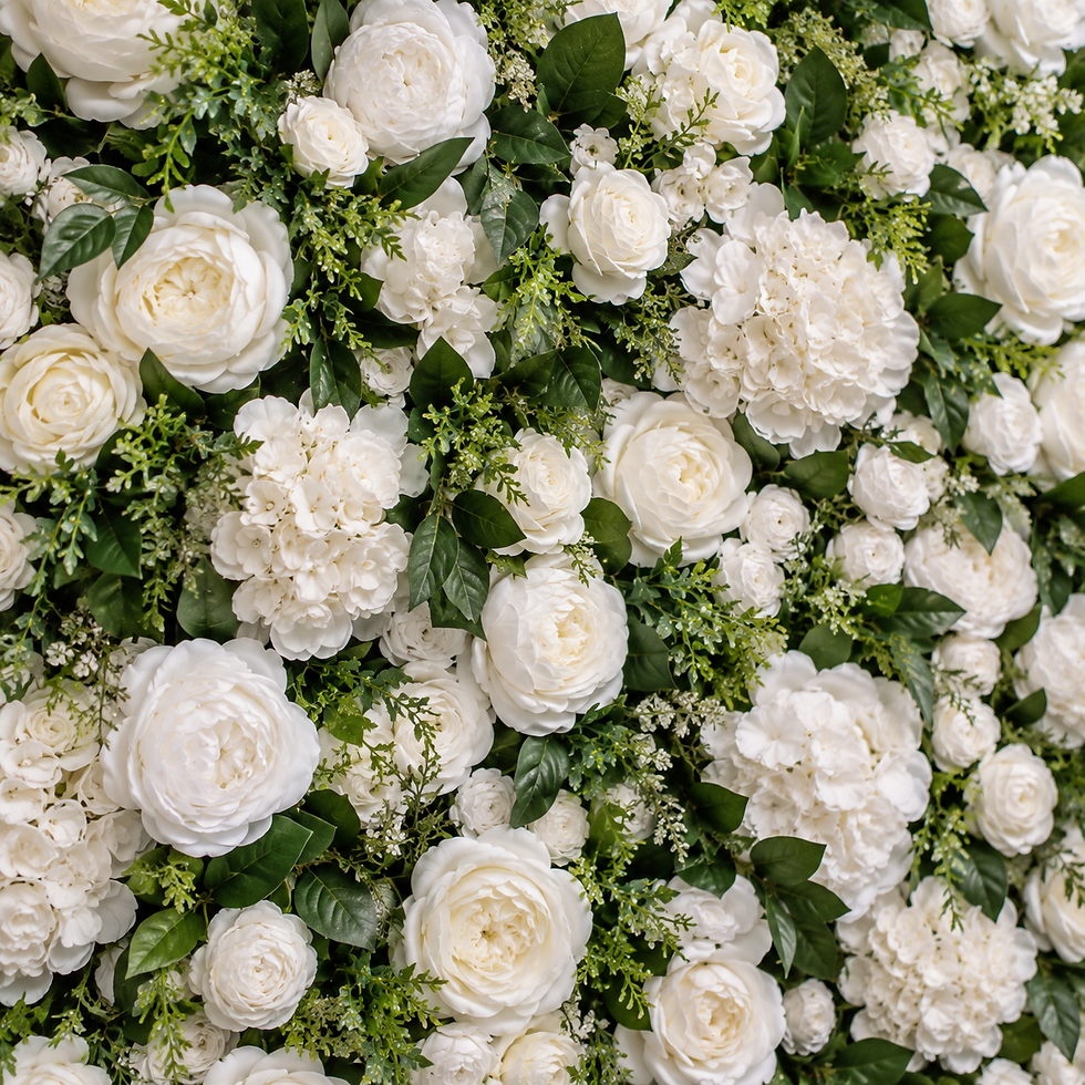 Close-up of Ava Ivory & Foliage Flower Wall showing layered ivory blooms and rich green foliage