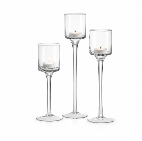 Clear glass goblet candle holders available for wedding hire