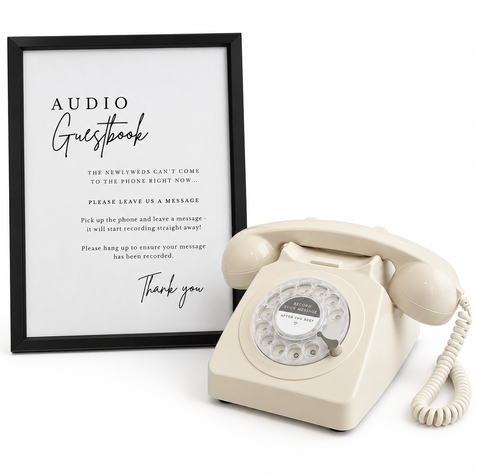 Ivory vintage-style Audio Guestbook telephone with personalised sign