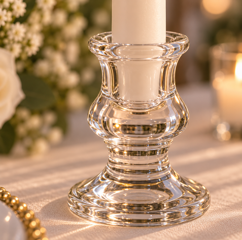 Close-up of clear glass candlestick holder showing its smooth transparent glass finish