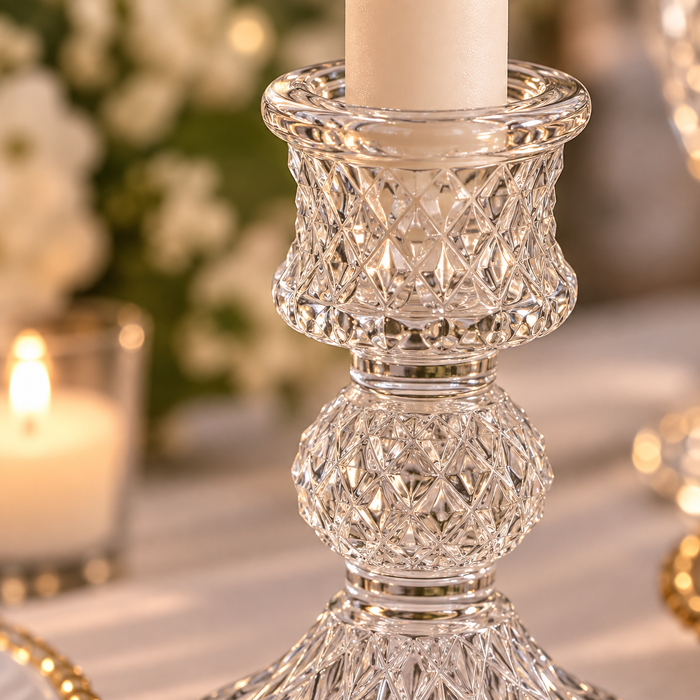 Close-up of crystal candlestick holder showing the diamond-pattern clear glass texture