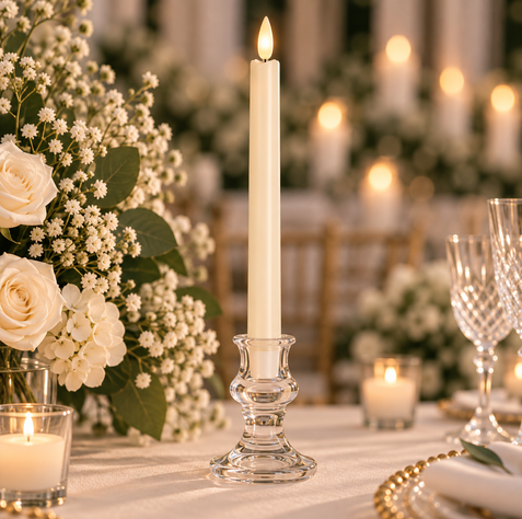 Close-up of ivory real-wax LED taper candle showing the smooth wax texture and realistic LED flame