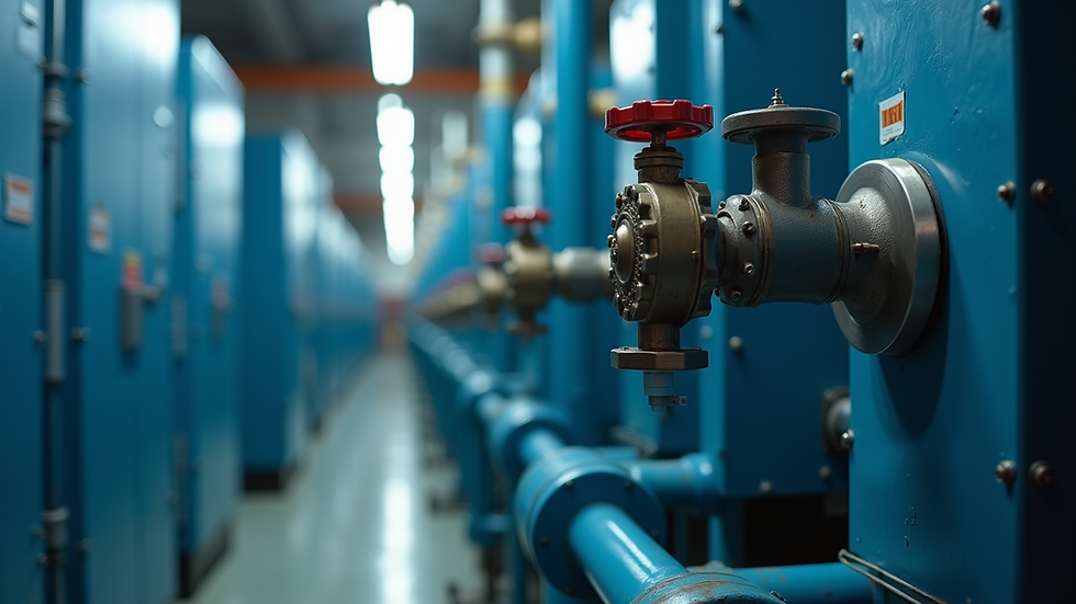 Close-up view of a water-cooled industrial chiller system with visible pipes and valves