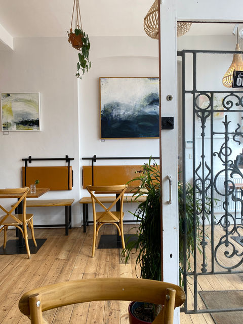 Abstract seascapes, art in a cafe, uk art cafe,