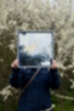 Abstract painting held in front of a face amidst white blossoms