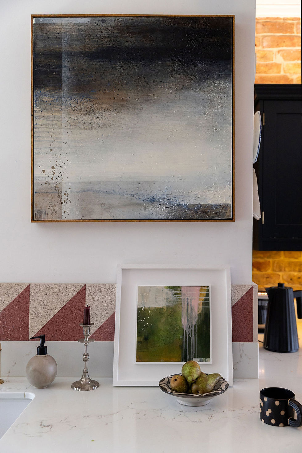 Thumbnail: Abstract paintings, one with pink and green hues