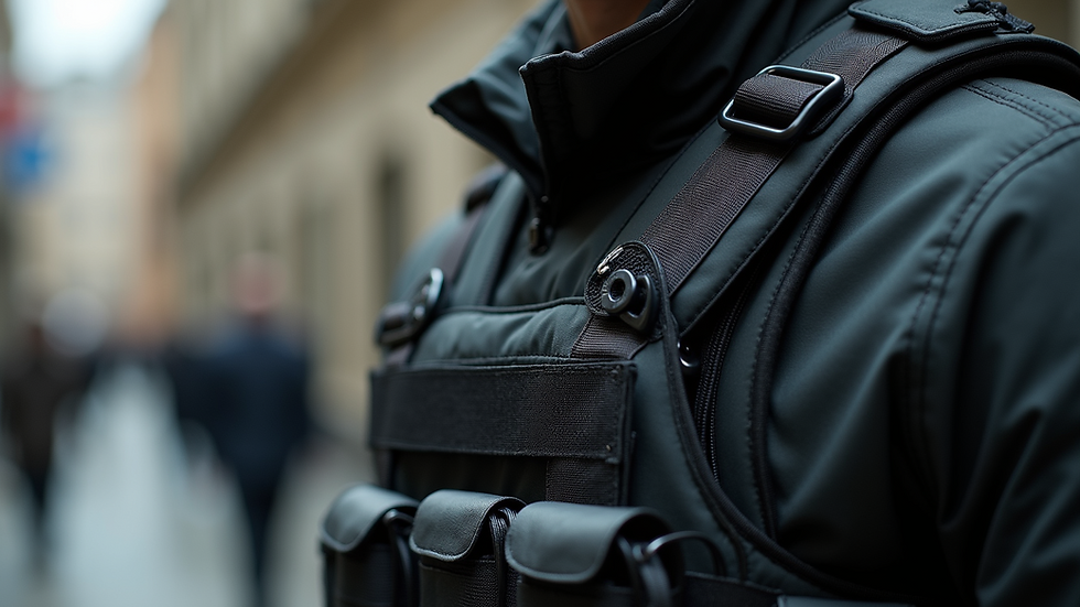 Close-up view of tactical vest with modular attachments