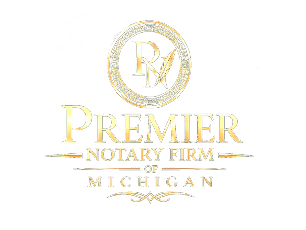 Official emblem of Premier Notary Firm of Michigan, a trusted mobile notary and loan signing service — featuring a gold quill pen, interlocking 'PN' monogram, and Greek key border on a navy badge.