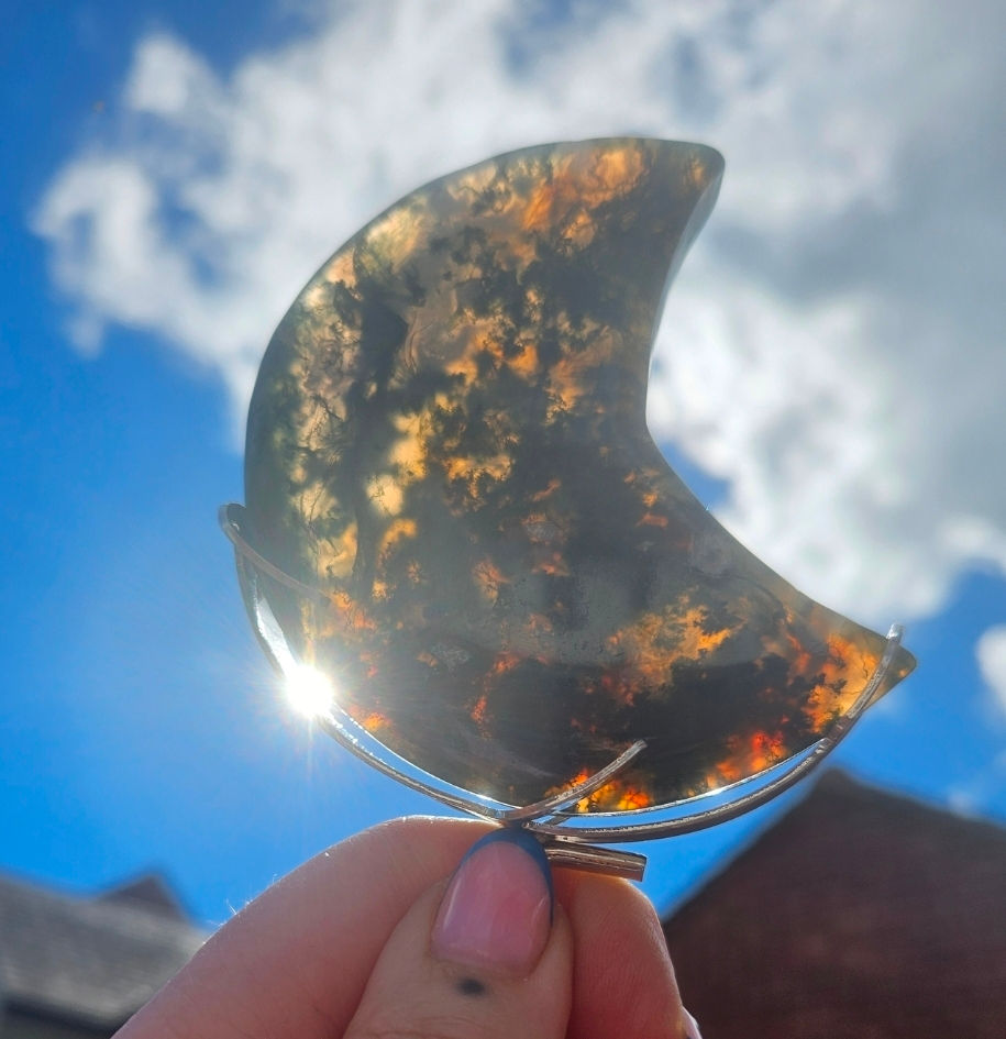 Moss Agate Moon on Stand