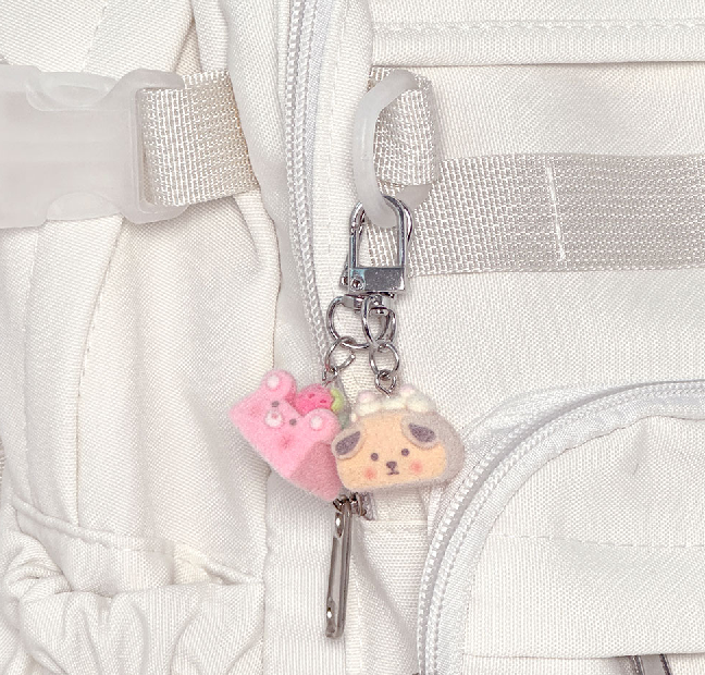 Thumbnail: Keyring attached to a white backpack showing two cute cake charms.