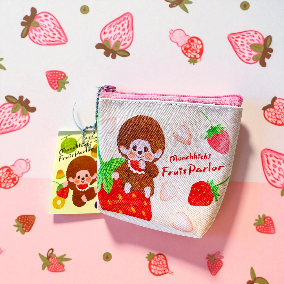 Thumbnail: Strawberry Monchhichi pouch – kawaii pink coin purse with cute fruit design