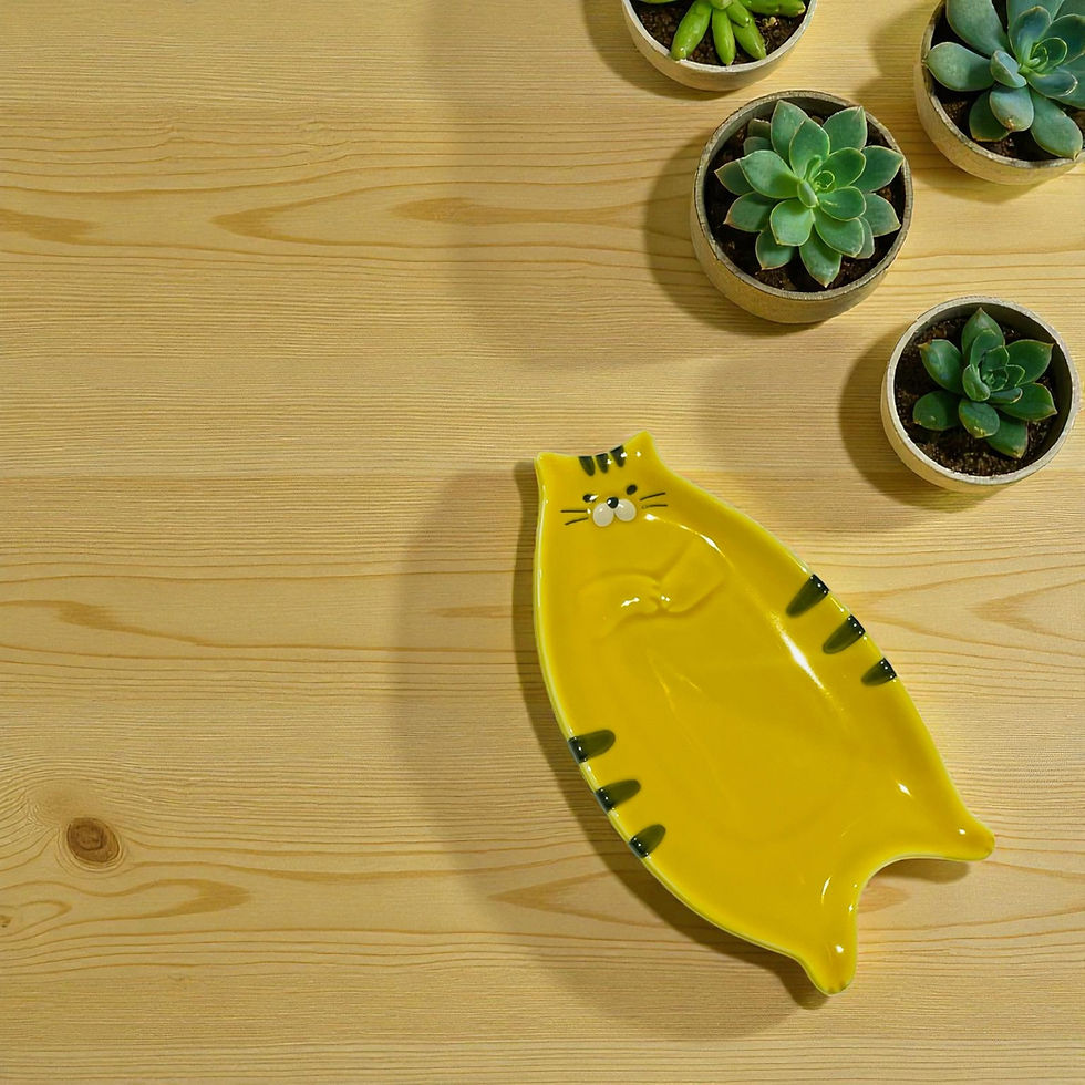 Thumbnail: Cute yellow cat-shaped ceramic plates from DECOLE Japan on wooden table – kawaii home decor dishware