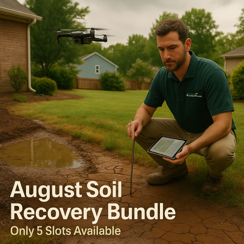 Technician from Carolina Terrain assessing compacted clay soil on a residential lawn with a soil probe and tablet, while a drone surveys the property from above after a summer storm.