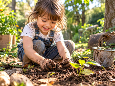 Criança brincando com terra, folhas e plantas em área verde natural