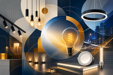 Composição abstrata em tons de azul, dourado e branco, com feixes luminosos, formas geométricas e efeitos de luz que representam inovação, tecnologia e o setor de iluminação no Paraná.