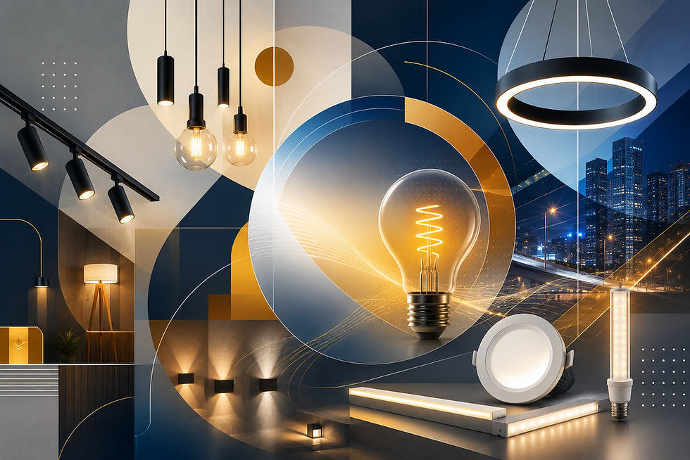 Composição abstrata em tons de azul, dourado e branco, com feixes luminosos, formas geométricas e efeitos de luz que representam inovação, tecnologia e o setor de iluminação no Paraná.