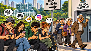 Jovem brasileiro usando celular ao lado de urna eletrônica, representando a participação política da juventude nas eleições.
