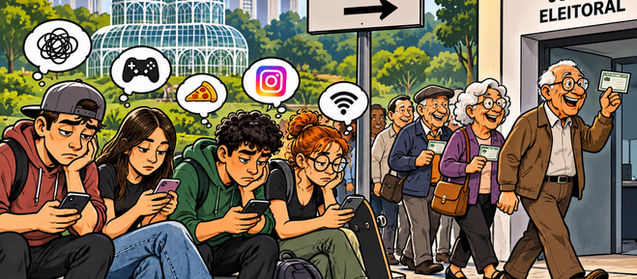 Jovem brasileiro usando celular ao lado de urna eletrônica, representando a participação política da juventude nas eleições.