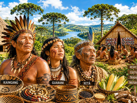 Ilustração mostrando indígenas Kaingang, Guarani e Xetá em uma aldeia cercada por araucárias e elementos tradicionais da cultura paranaense.