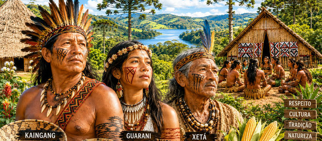 Ilustração mostrando indígenas Kaingang, Guarani e Xetá em uma aldeia cercada por araucárias e elementos tradicionais da cultura paranaense.