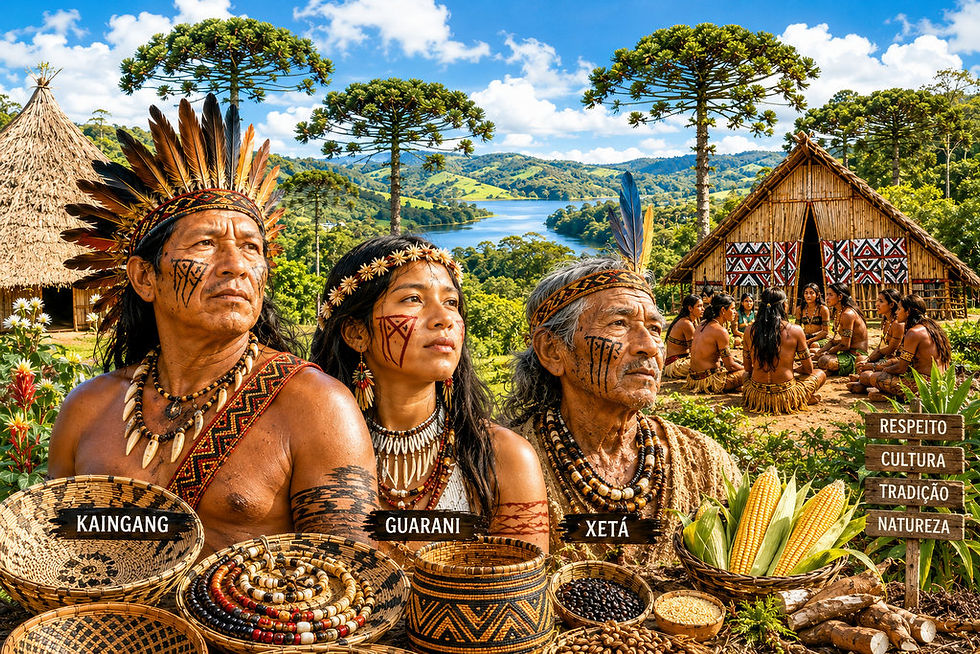 Ilustração mostrando indígenas Kaingang, Guarani e Xetá em uma aldeia cercada por araucárias e elementos tradicionais da cultura paranaense.