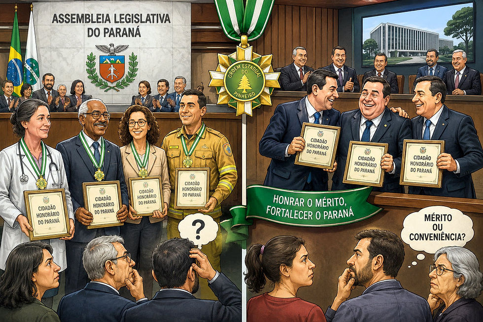 Ilustração de cerimônia oficial de entrega de título de cidadão honorário e medalhas do Paraná em sessão solene.