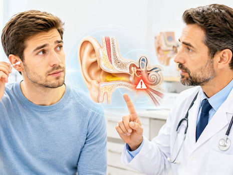 Pessoa segurando um cotonete próximo ao ouvido enquanto um médico alerta para os riscos da limpeza inadequada.