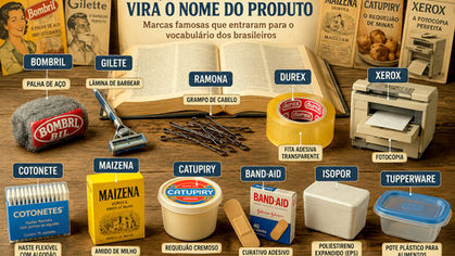 Produtos do cotidiano identificados por marcas que se tornaram nomes populares, como Gilete, Bombril, Xerox, Catupiry e Ramona.