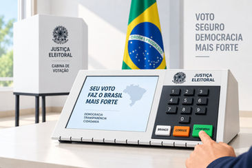 Urna eletrônica brasileira em uma seção eleitoral, com eleitor pressionando o botão confirma e bandeira do Brasil ao fundo.
