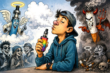 Ilustração mostrando um vape e um cigarro convencional lado a lado, representando os riscos do tabagismo e do cigarro eletrônico.