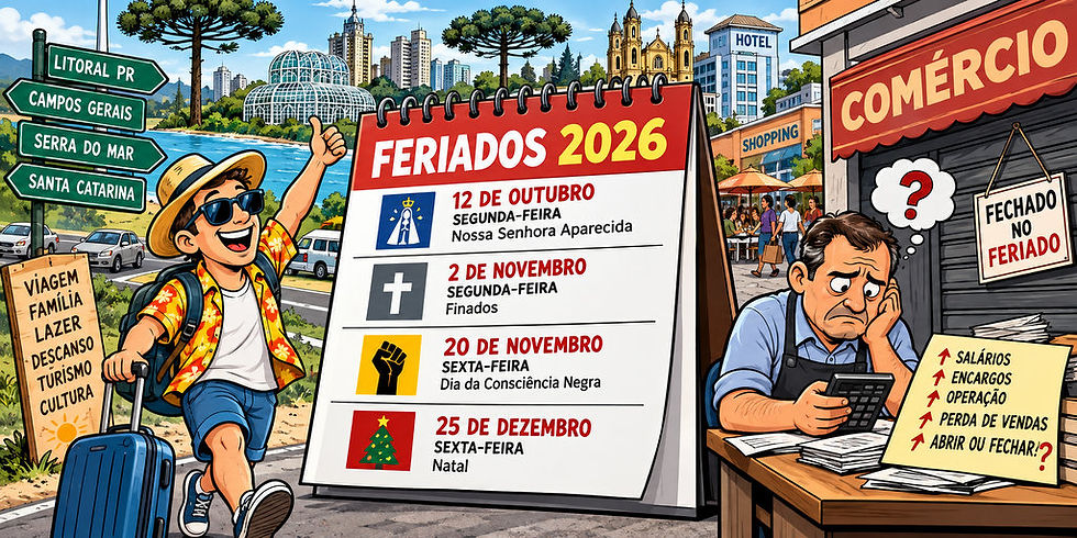 Calendário de 2026 com feriados prolongados e representação de trabalhador, comércio e turismo