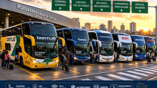 Ônibus interestaduais modernos das principais empresas brasileiras estacionados na Rodoferroviária de Curitiba.