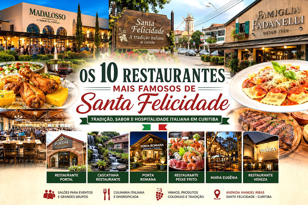 Vista de restaurantes tradicionais de Santa Felicidade, em Curitiba, conhecidos pela culinária italiana e grandes salões.