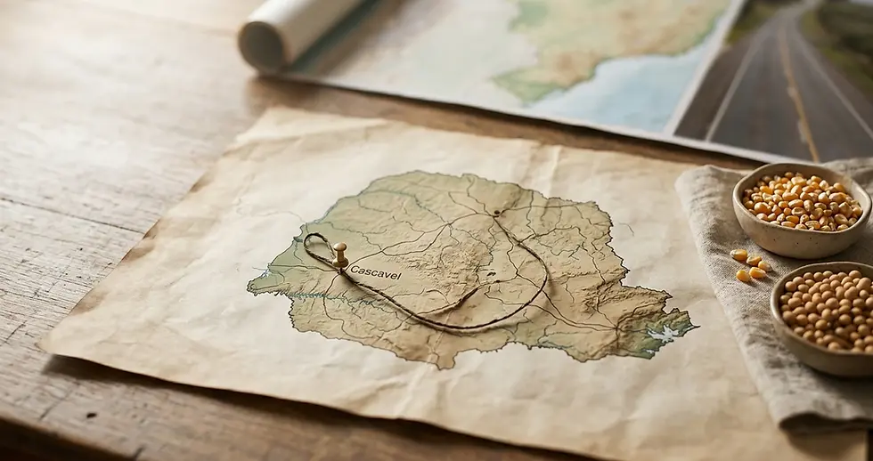 Composição ilustrativa com mapa marcado Cascavel, fotografia de estrada e recipientes com grãos.