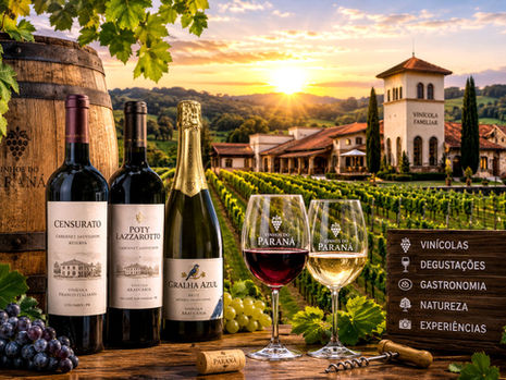 Vinhedo paranaense com fileiras de parreiras, barricas de madeira, taças de vinho e uma vinícola ao fundo em dia ensolarado.