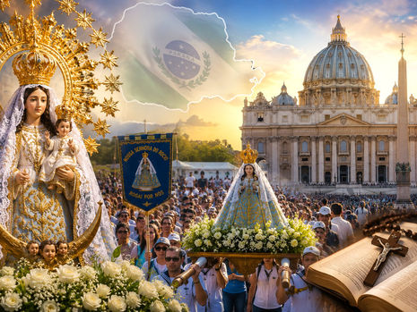 Imagem ilustrativa mostrando Nossa Senhora do Rocio, romeiros em procissão no Paraná e a Basílica de São Pedro representando a canonização da Igreja Católica.