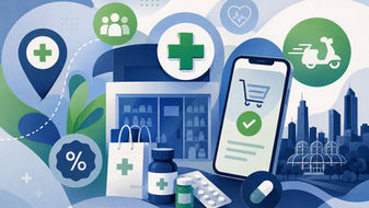 Interior de uma farmácia moderna em Curitiba com farmacêutico atendendo clientes diante de prateleiras de medicamentos.