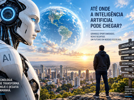 Robô humanoide diante de uma cidade e do planeta Terra, simbolizando os riscos e as oportunidades do avanço da inteligência artificial.