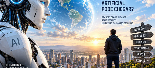 Robô humanoide diante de uma cidade e do planeta Terra, simbolizando os riscos e as oportunidades do avanço da inteligência artificial.