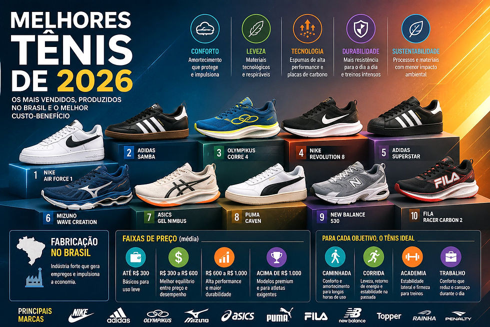 Vitrine com tênis esportivos modernos de diferentes categorias, representando os modelos mais vendidos e as principais marcas do mercado brasileiro.