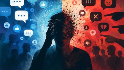 Pessoa diante de telas de redes sociais observando comentários, críticas e manifestações virtuais sobre uma publicação polêmica.