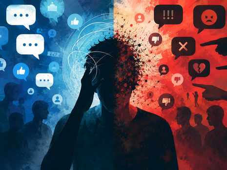 Pessoa diante de telas de redes sociais observando comentários, críticas e manifestações virtuais sobre uma publicação polêmica.