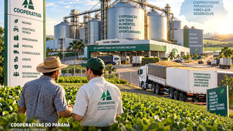 Complexo de cooperativa agroindustrial do Paraná com silos, caminhões, lavouras e produtores rurais.