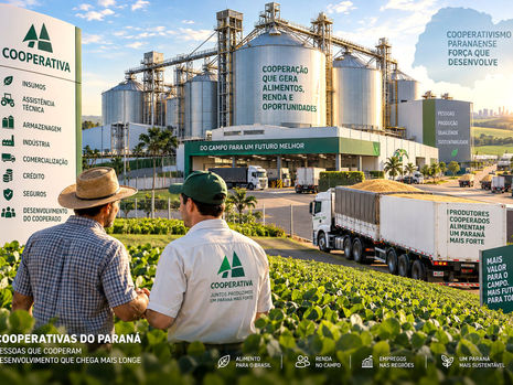 Complexo de cooperativa agroindustrial do Paraná com silos, caminhões, lavouras e produtores rurais.