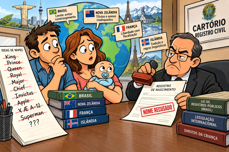 Certidão de nascimento com nomes manuscritos e carimbo de registro civil, representando as restrições legais à escolha de nomes no Brasil e no mundo.