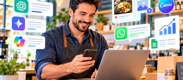 Pequeno empresário utiliza inteligência artificial no notebook e no celular para organizar vendas, atendimento e divulgação de seu negócio.