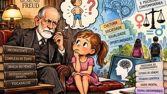 Sigmund Freud em ilustração editorial sobre a teoria da inveja do pênis e os limites da psicanálise diante da psicologia contemporânea.