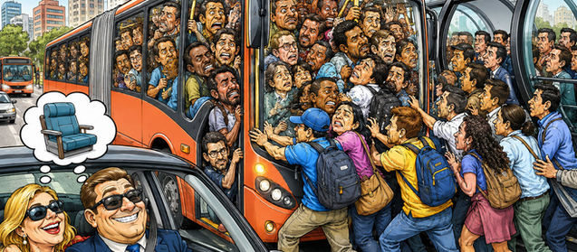 Ônibus biarticulado lotado em estação-tubo de Curitiba durante o horário de pico.