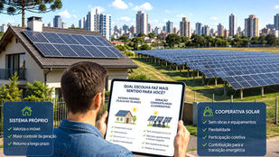 Comparação entre instalação de painéis solares em residência e participação em cooperativa de energia solar.